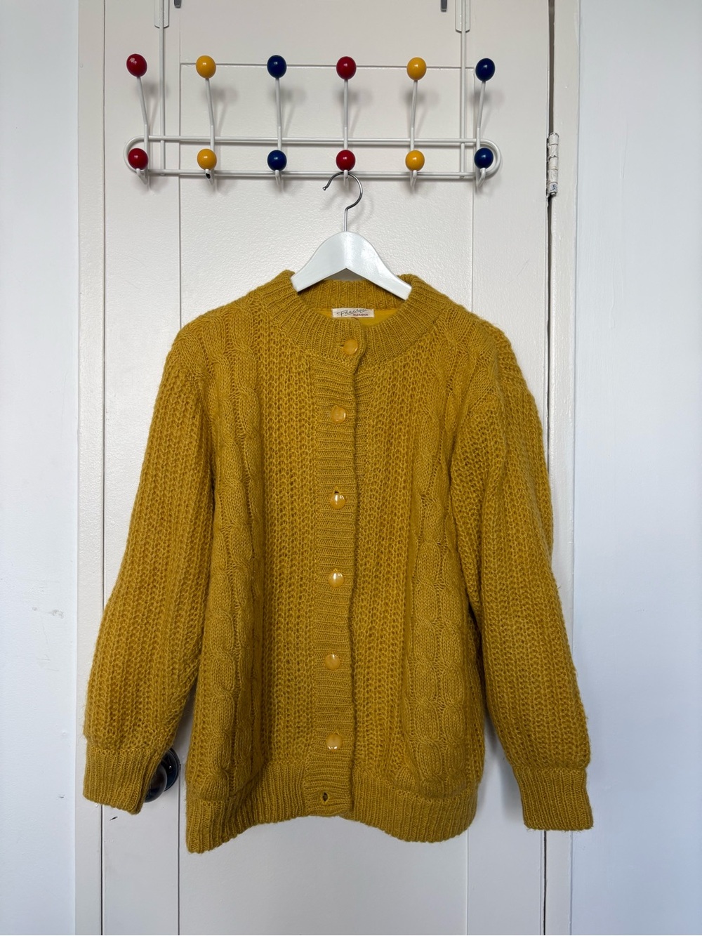 Women's Mohair Cable Knit Button-Front Sweater Cardigan - Mustard